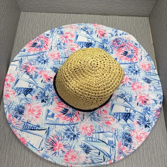 Lilly Pulitzer Straw Wide Brim Sun Hat Tropical Floral Print Pink Blue One Size - Picture 5 of 13